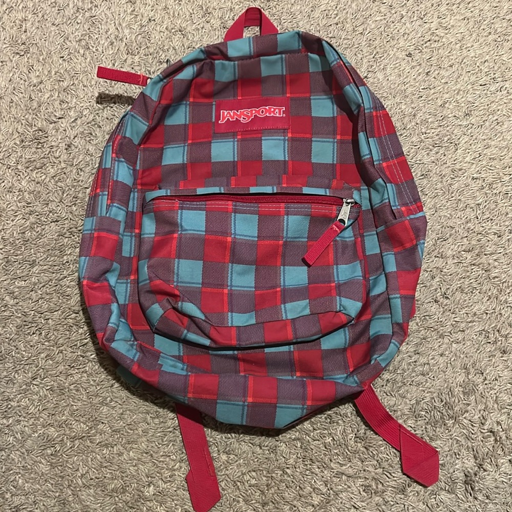 Jansport Purple, Blue, Red Checkered Backpack.